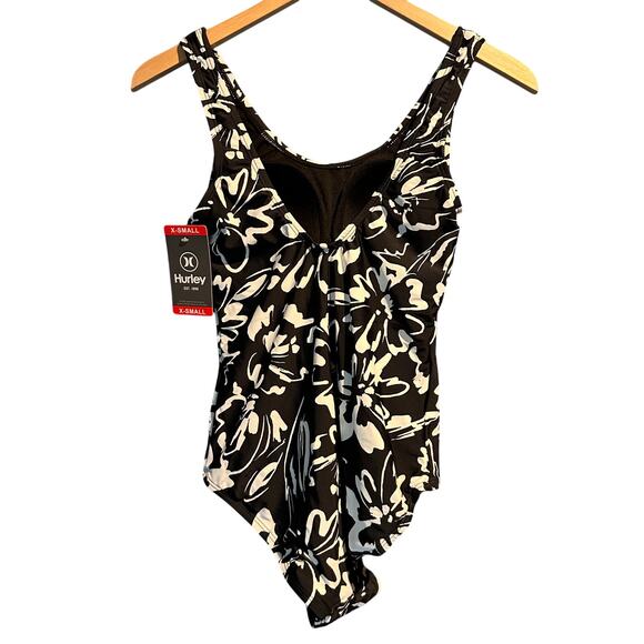 Hurley NWT Size X-Small One Piece Bathing Suit Black White Floral Vacation Beach - Picture 2 of 14